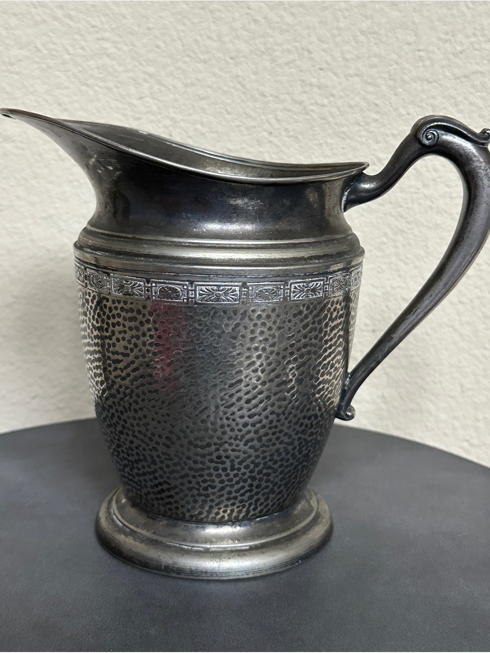 Vintage Hammered Silver-plated  Pitcher Jug Vase Art Deco Scroll Handle Nickel